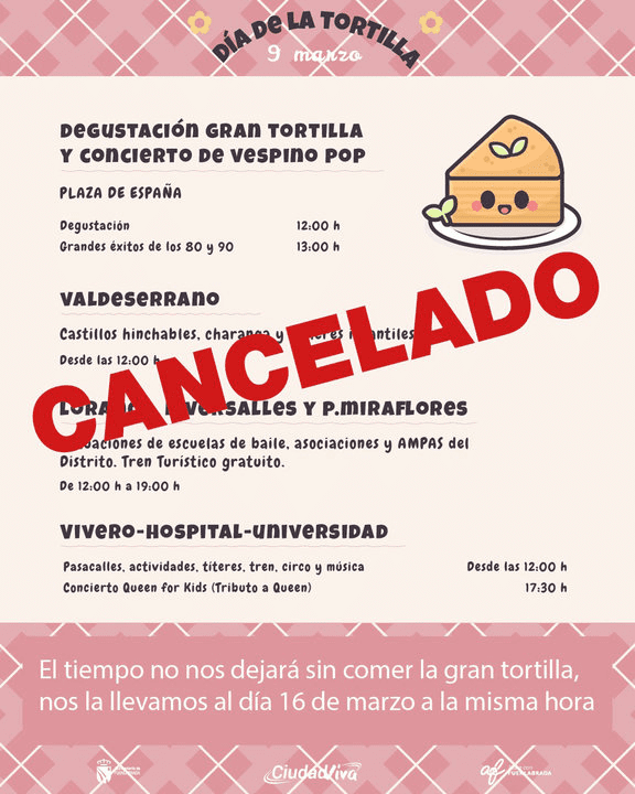 Las actividades del Día de la Tortilla se cancelan por la lluvia, pero la degustación de la tortilla gigante se pospone al próximo sábado 16 de marzo en la plaza de España.