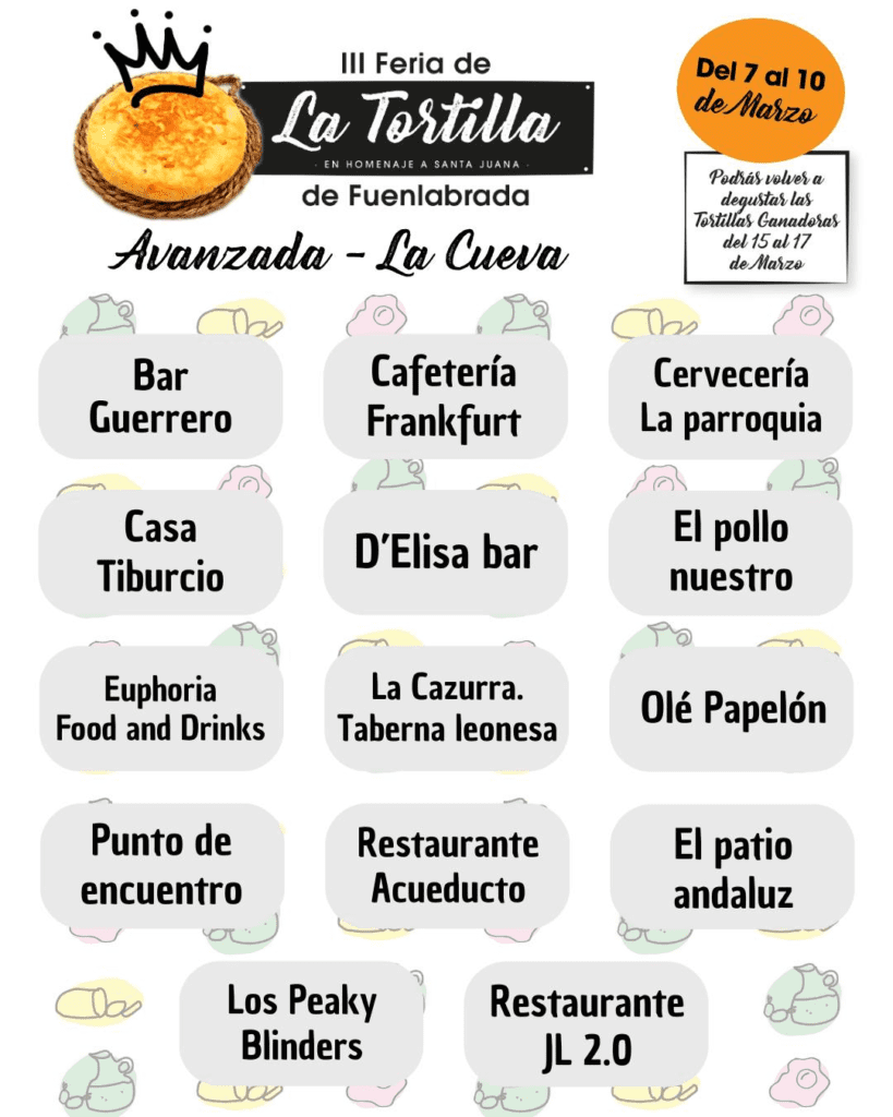 Del 7 al 9 de marzo, Fuenlabrada acoge su III Feria de la Tortilla, donde 61 bares y restaurantes ofrecen una variedad de tortillas por solo 1,75 euros. ¡Una oportunidad imperdible para los amantes de la gastronomía!