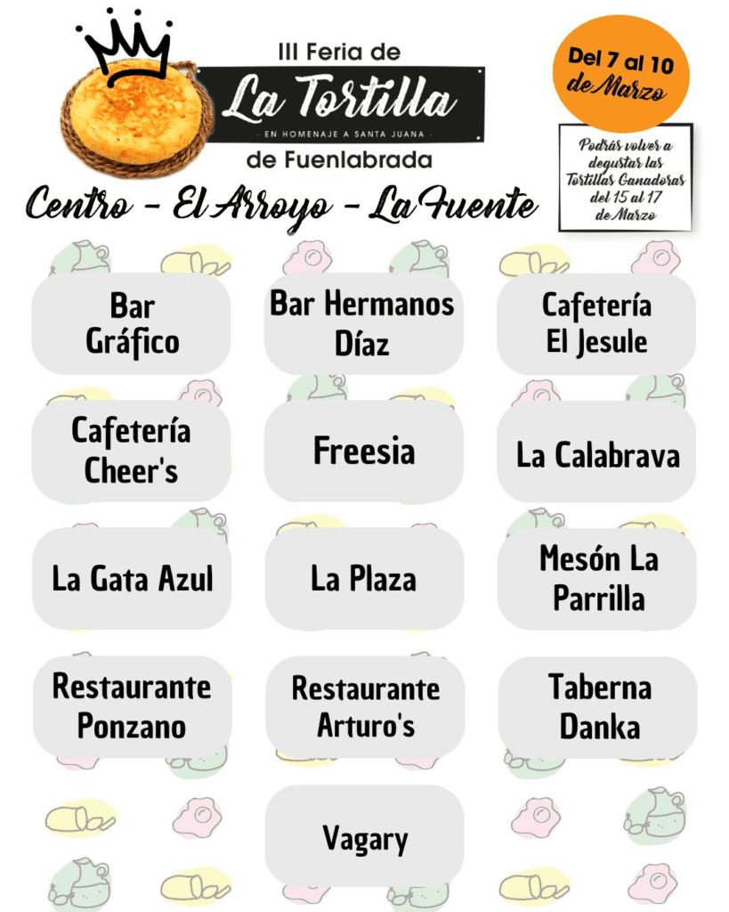 Del 7 al 9 de marzo, Fuenlabrada acoge su III Feria de la Tortilla, donde 61 bares y restaurantes ofrecen una variedad de tortillas por solo 1,75 euros. ¡Una oportunidad imperdible para los amantes de la gastronomía!