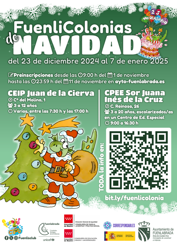 La Fuenlicolonia de Navidad en Fuenlabrada ofrece un programa socioeducativo de ocio para facilitar la conciliación familiar en vacaciones, con actividades para niños de 3 a 20 años. Las inscripciones están abiertas del 1 al 11 de noviembre en la web municipal