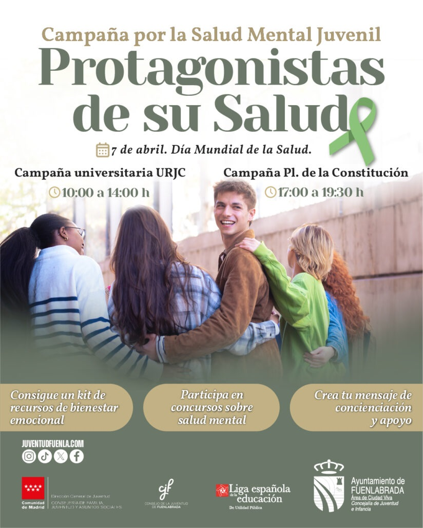 Fuenlabrada celebra el Día Mundial de la Salud con una campaña centrada en la salud mental juvenil. Actividades, talleres y sensibilización en la URJC y la Plaza de la Constitución.