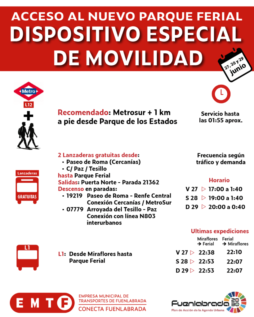 Consulta aquí los horarios y puntos de salida de las lanzaderas gratuitas al nuevo Parque Ferial de Fuenlabrada los días 27, 28 y 29 de junio.