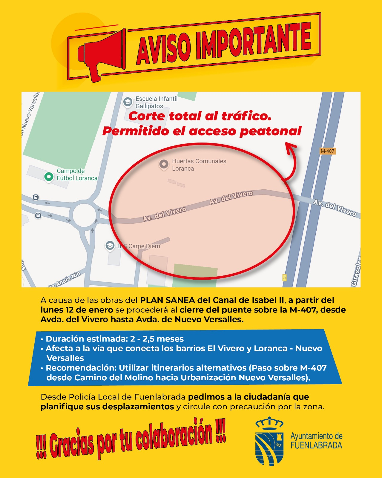 Cortado el puente de Av. del Vivero por obras: cambios en tráfico y bus