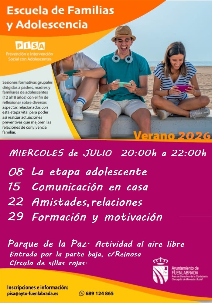 La Escuela de Familias de Fuenlabrada traslada sus talleres al aire libre durante el verano para ayudar a padres de adolescentes